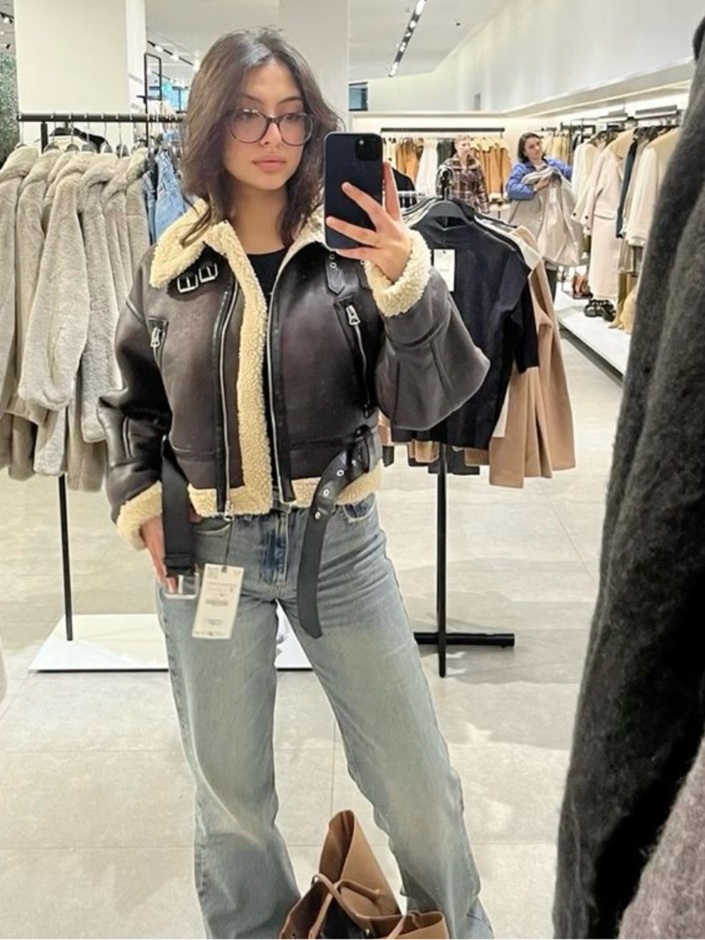 ZARA Brown Double-Faced Faux Shearling Trim Short Aviator Jacket - S - Picture 4 of 8